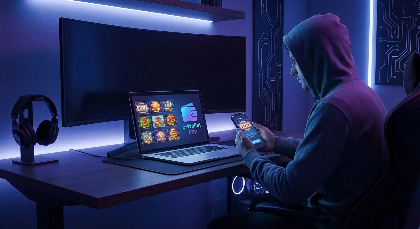 Gracz wybiera automat online na laptopie z widoczną metodą płatności e-portfelem
