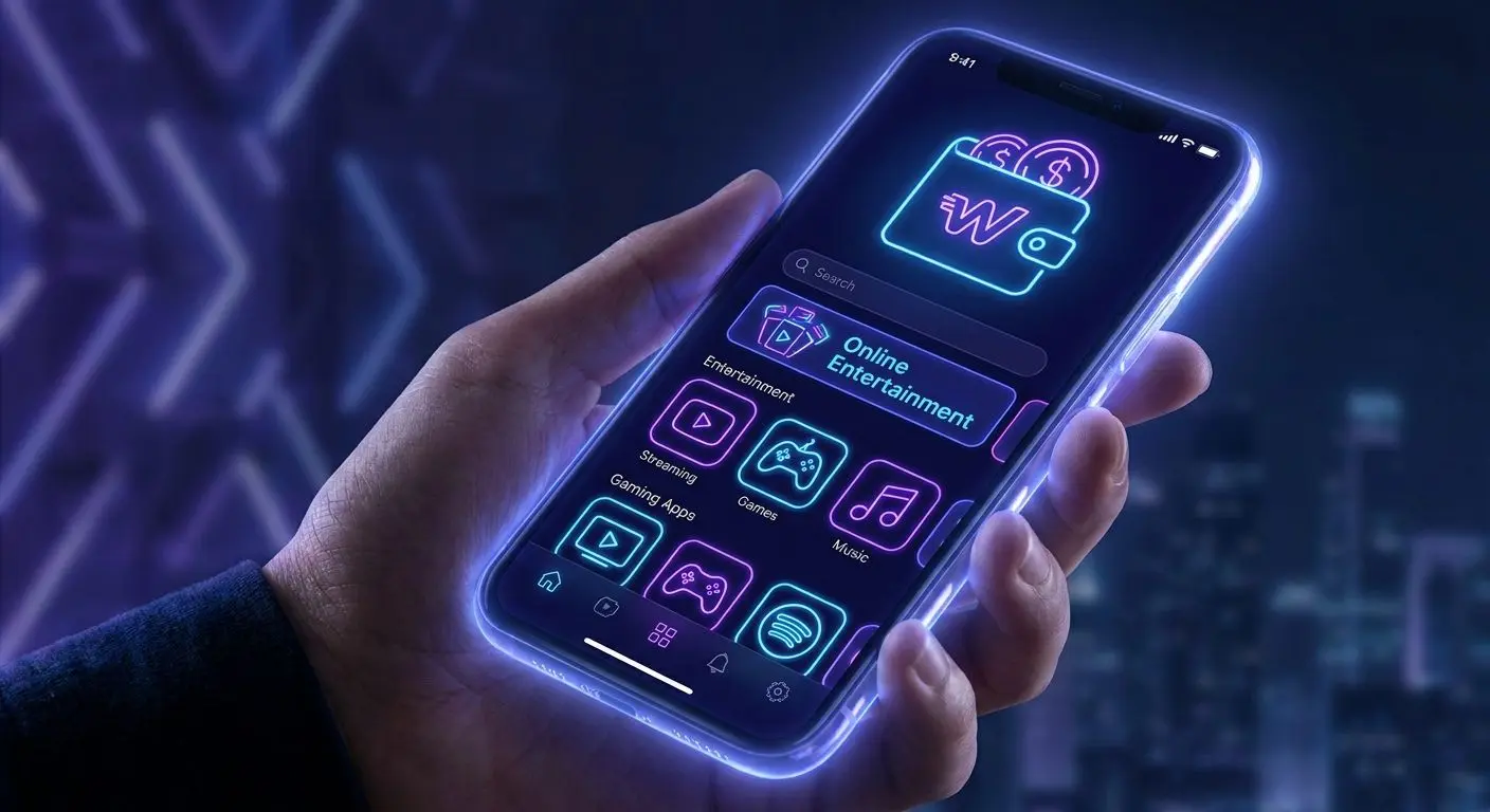 Telefon z mobilnym interfejsem gry online i ikoną portfela elektronicznego