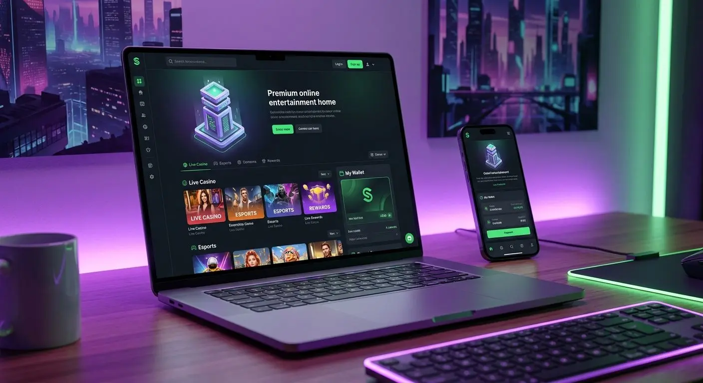 Ekran główny CrazyTower na laptopie i telefonie z motywem płatności Skrill