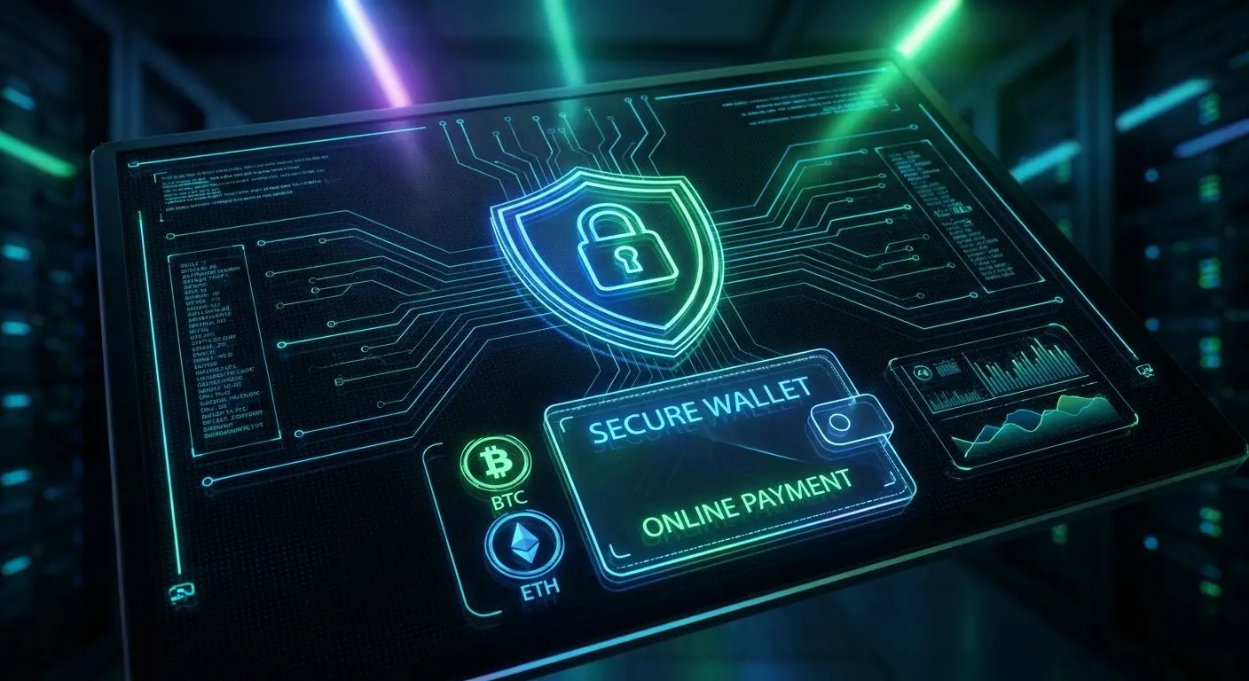 Bezpieczne płatności online z ikonami krypto i e-portfela
