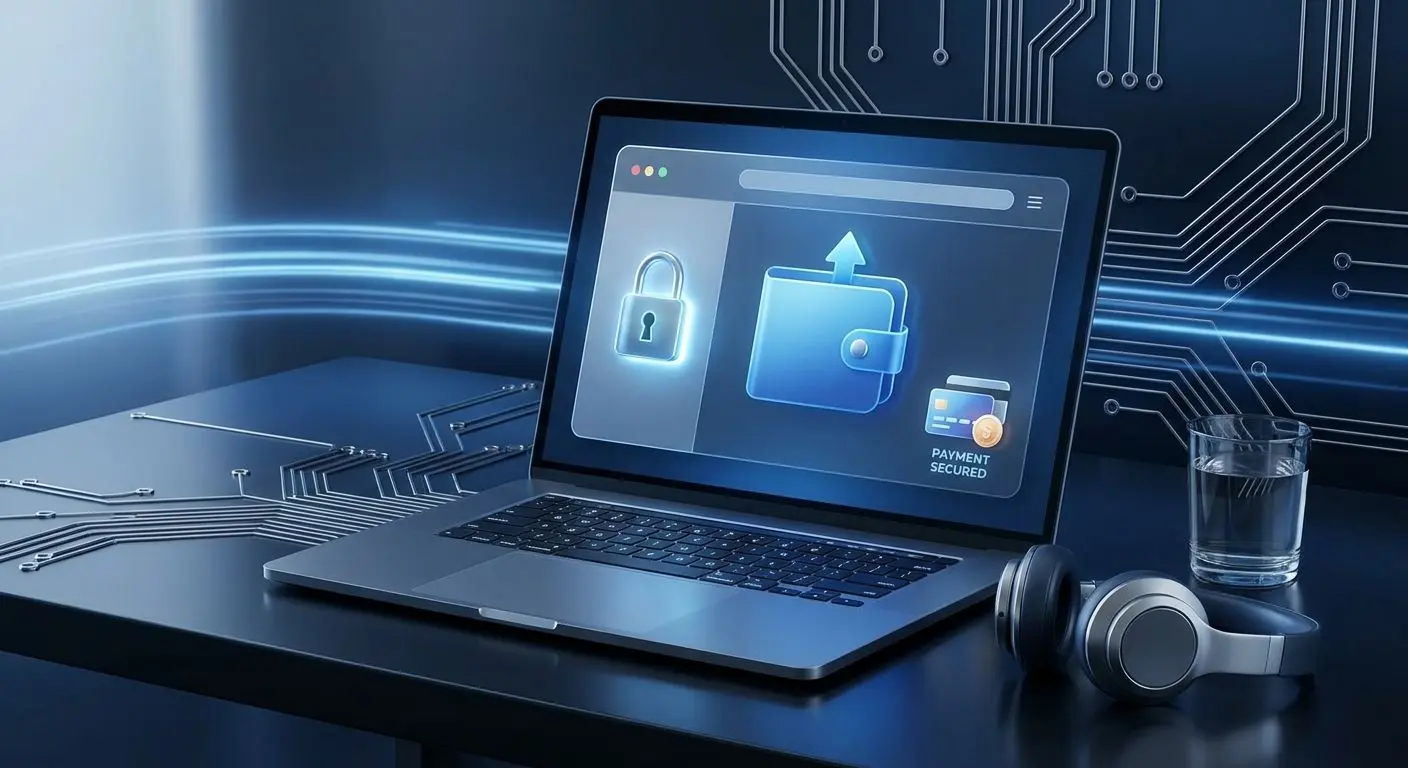 Bezpieczna płatność online z ikoną kłódki i portfela cyfrowego