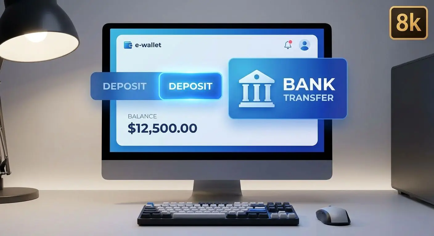 Panel Skrill i wybór przelewu bankowego Panel portfela online z zaznaczoną zakładką wpłaty i ikoną banku