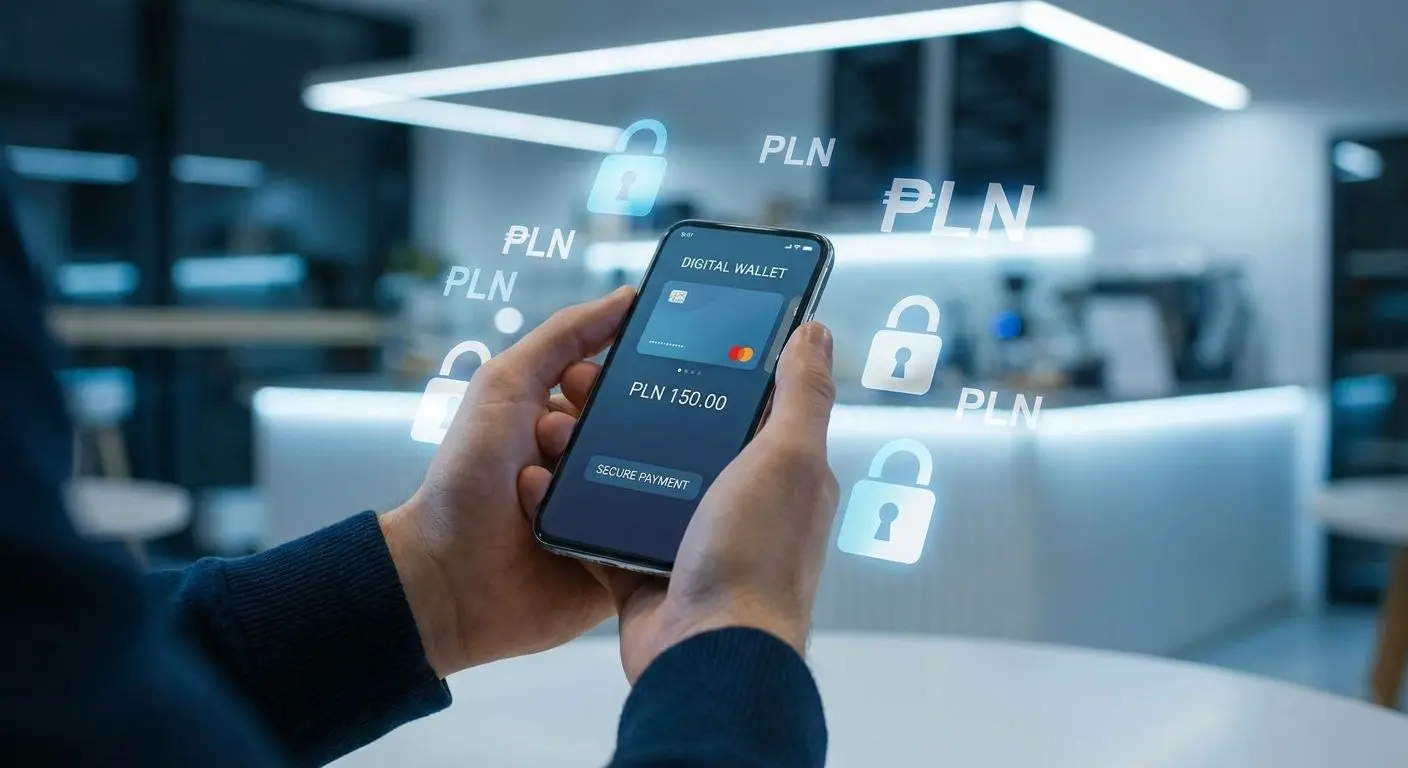 Telefon z aplikacją portfela i symbolem bezpiecznych płatności online w PLN