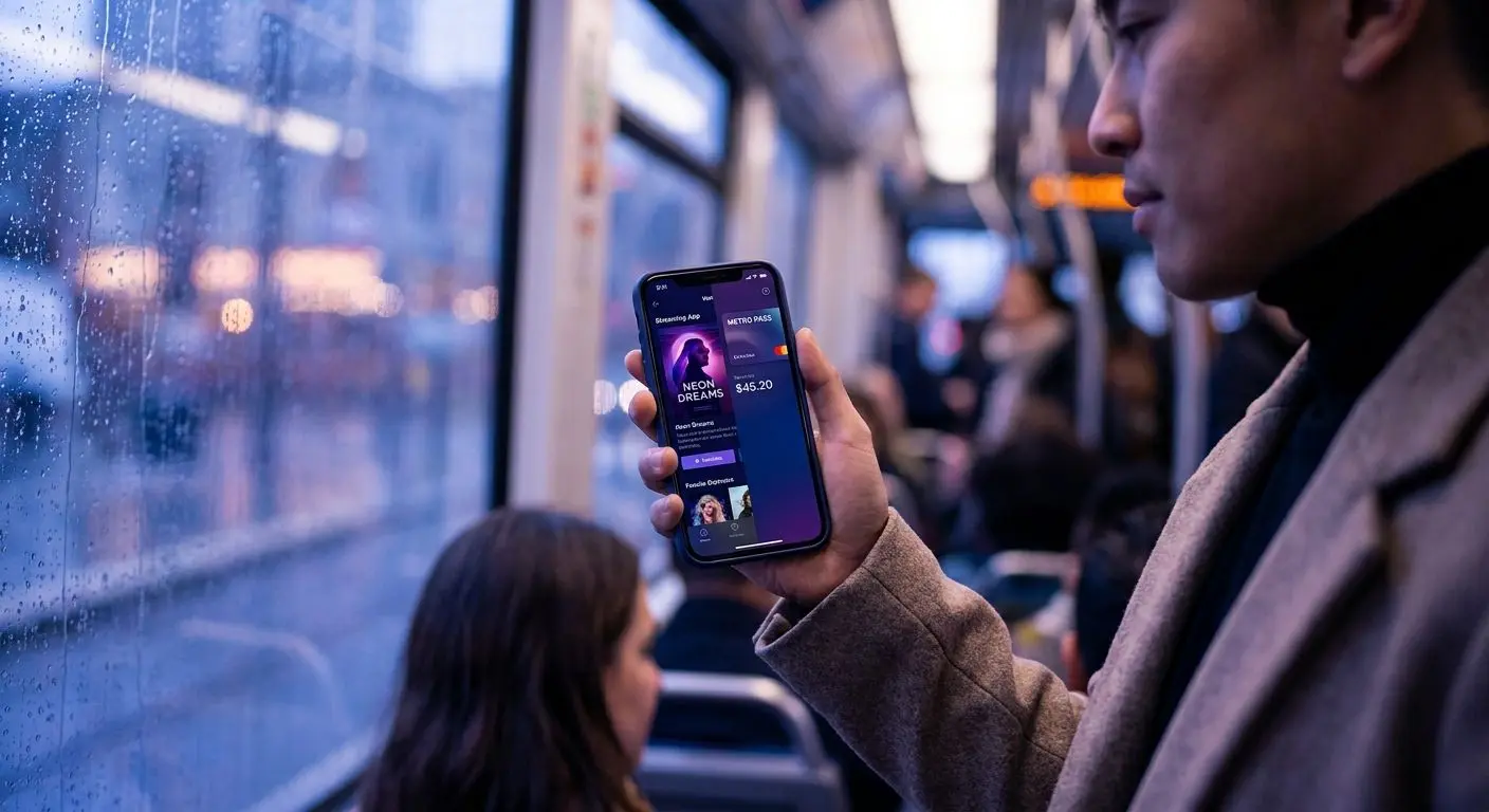 Smartfon z mobilną grą i aplikacją płatniczą używany w drodze